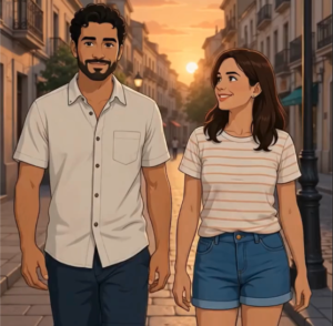 Aya y Karim paseando por una calle